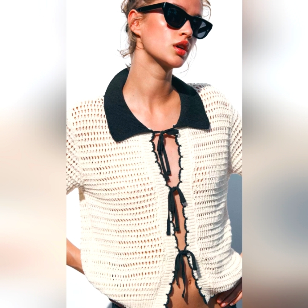 NWT Zara Small Black & Cream Crochet Polo Collar Scalloped Edges Tie Front Top